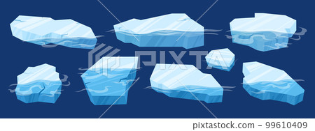 Floating ice. Cartoon frozen blocks of ice, arctic glaciers and icebergs pieces. Ice crystals floating in water flat vector illustration set 99610409