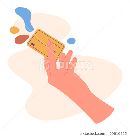 Hand holding credit card. Cartoon human hand with bank debit card. Flat vector illustration on white background 99610835