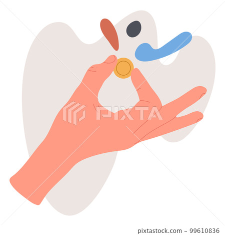Hand holding gold coin. Human hand with money, golden chip in human hand cartoon flat vector illustration on white background 99610836