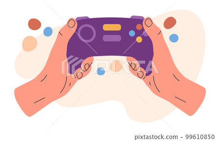 Human hands holding joystick. Cartoon video game device in human hands, gamepad device flat vector illustration on white background Human hands holding joystick. Cartoon video game device in human hands, gamepad device flat vector illustration on white background 99610850