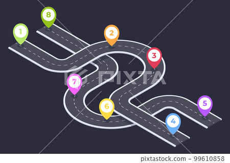 Isometric 8 steps timeline navigation. Winding roadmap pathway, road infographic, city map timeline road 3d vector illustration on white background 99610858