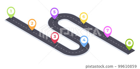 Isometric 8 steps timeline road navigation. Winding road infographic, city map timeline road, roadmap pathway 3d vector illustration on white background 99610859