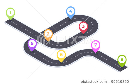 Isometric 8 steps timeline road. Timeline road navigation, city roadmap pathway, winding road infographic 3D vector illustration 99610860