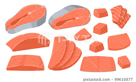 Cartoon sliced salmon. Red fish pieces, delicious sashimi slices, salmon steak and fillet flat vector illustration set. Salmon slices collection 99610877