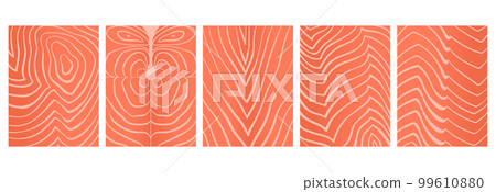 Cartoon salmon fillet texture. Sashimi slices, trout red fish pieces and salmon steak flat vector background illustration set. Fish meat texture posters Cartoon salmon fillet texture. Sashimi slices, trout red fish pieces and salmon steak flat vector background illustration set. Fish meat texture posters 99610880