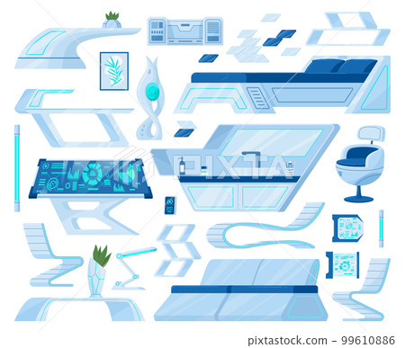 Cartoon spaceship futuristic furniture. Cosmic ship interior gateway, control panel, porthole and futuristic devices flat vector illustration set. Space station indoor collection 99610886