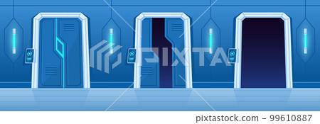 Cartoon spaceship futuristic gates. Closed and open alien cosmic ship doors, spacecraft control room gateway flat vector illustration set. Futuristic doorway animation 99610887