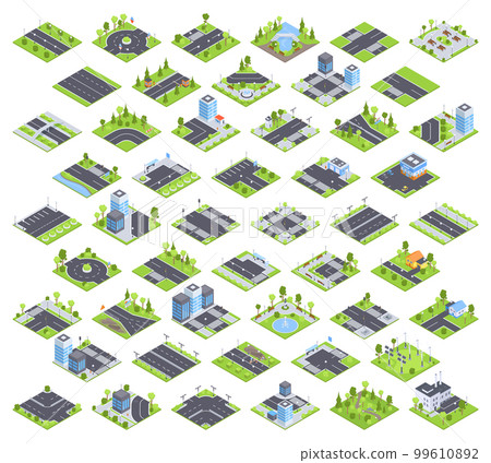 Isometric road elements, city map constructor. Street road crossroads with traffic lights, billboards, road signposts and trees 3D vector illustration set. Urban city road collection 99610892