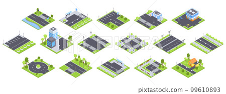 Isometric city map elements. Buildings, asphalt roads, crossroads with traffic lights, billboards, road signposts and trees 3D vector illustration set 99610893