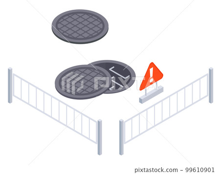 Isometric city road barriers. Urban city sewer works, road under construction, road fenced with security signposts 3D vector illustration 99610901