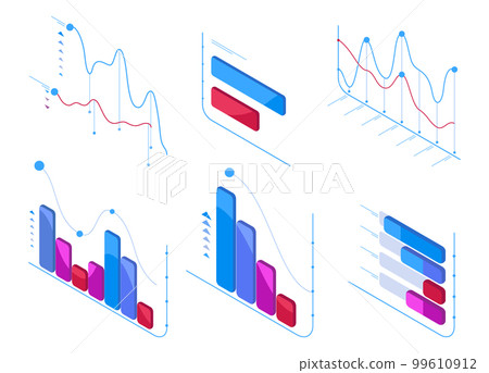 Isometric data analysis charts. Statistic diagram, 3d futuristic chart elements, infographic symbols illustration set 99610912