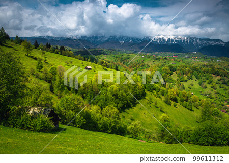 Early summer scenery with snowy mountains and green hills, Romania 99611312
