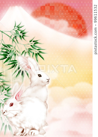 Two rabbits with the first sunrise, gold Fuji and bamboo forest in the background New Year's card illustration vertical 99611532
