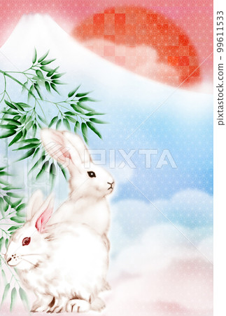 Two rabbits with the first sunrise of the year, Fuji and bamboo forest in the background New Year's card illustration vertical 99611533