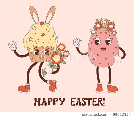 Retro cartoon character easter egg and cake cupcake with bunny ears. Groovy vintage cute mascots. Vector illustration. Happy Easter card. Retro cartoon character easter egg and cake cupcake with bunny ears. Groovy vintage cute mascots. Vector illustration. Happy Easter card. 99612534