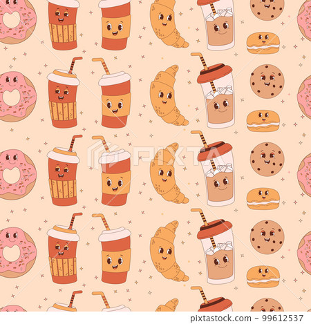 Retro groovy seamless pattern. Cartoon characters coffee in paper cups, donut, croissant and cookies on light yellow background. Vector Illustration for wallpaper, design, textile, packaging, decor. Retro groovy seamless pattern. Cartoon characters coffee in paper cups, donut, croissant and cookies on light yellow background. Vector Illustration for wallpaper, design, textile, packaging, decor. 99612537