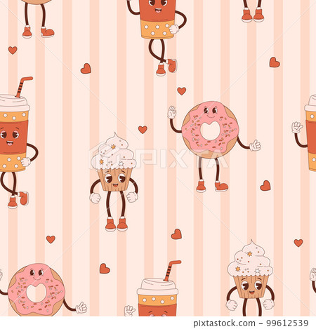 Retro seamless pattern. Happy groovy cartoon characters cakes cupcake, donut and takeaway coffee on striped light background. Vector Illustration for wallpaper, design, textile, packaging, decor. Retro seamless pattern. Happy groovy cartoon characters cakes cupcake, donut and takeaway coffee on striped light background. Vector Illustration for wallpaper, design, textile, packaging, decor. 99612539