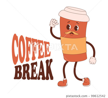 Funny mustachioed character of coffee in paper cup and inscription coffee break. Vector illustration. Cool mascot drink in nostalgic retro style for cards, coffee houses, design, decor and printing. 99612542