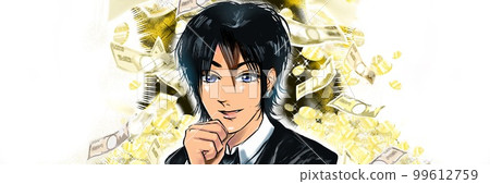 2000s-style host who collects money from big customers and a background wide size illustration with flying banknotes 99612759