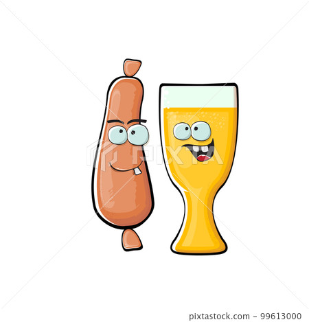 Cartoon sausage and beer characters isolated on white background. Funky meat sausage and beer glass character with eyes and mouth. Sausage and beer label and sticker 99613000