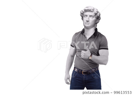 Abstract modern collage. The man with the plaster head of David showing thumbs up. Abstract modern collage. The man with the plaster head of David showing thumbs up. 99613553