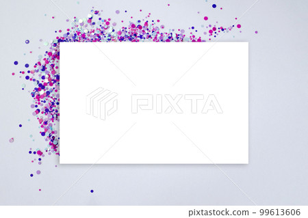 Blank square rectangular card and pink and purple confetti. Template Layout. Top view. Mockup 99613606