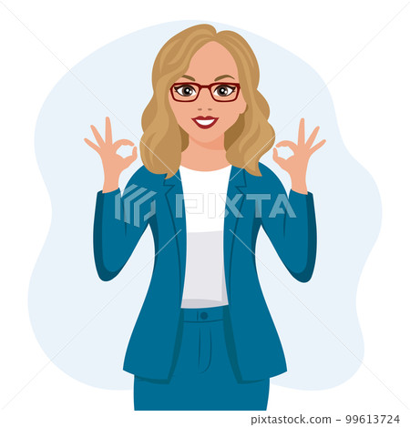Blonde woman in glasses with joyful expression with ok gesture. Emotions and gestures. Flat style illustration, vector Blonde woman in glasses with joyful expression with ok gesture. Emotions and gestures. Flat style illustration, vector 99613724