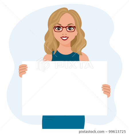 Blonde woman in glasses with a joyful expression holding a blank banner in her hands. Emotions and gestures. Flat style illustration, vector Blonde woman in glasses with a joyful expression holding a blank banner in her hands. Emotions and gestures. Flat style illustration, vector 99613725