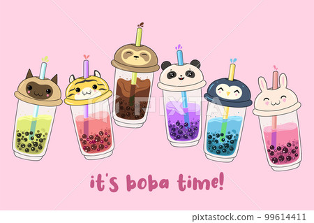 Postcard with kawaii bubble tea on a pink background. Vector graphics. Postcard with kawaii bubble tea on a pink background. Vector graphics. 99614411