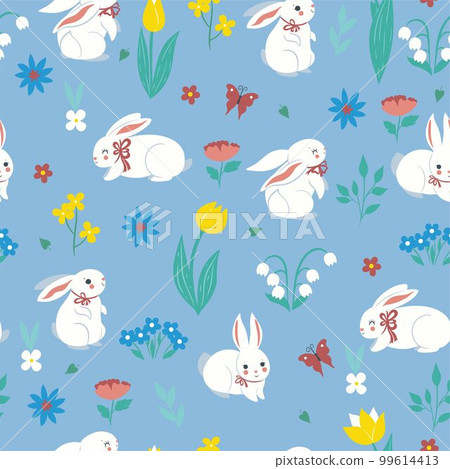 Seamless pattern with cute spring rabbits and flowers. Vector graphics. Seamless pattern with cute spring rabbits and flowers. Vector graphics. 99614413
