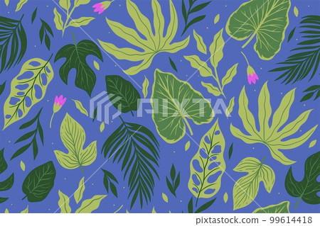 Seamless pattern with tropical leaves and flowers. Vector graphics. Seamless pattern with tropical leaves and flowers. Vector graphics. 99614418