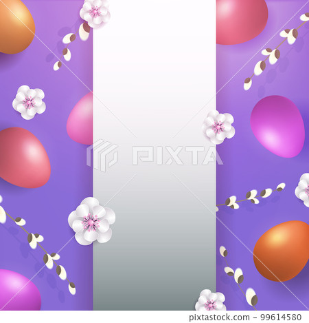 Composition with Easter eggs with willow branches, white frame 99614580