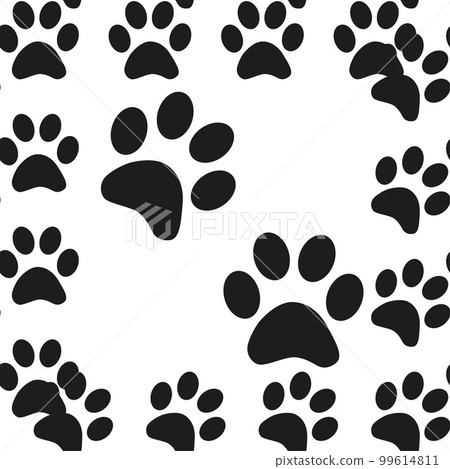 Black and white seamless pattern with paw prints. Abstract background, animal footprint, illustration. Black and white seamless pattern with paw prints. Abstract background, animal footprint, illustration. 99614811