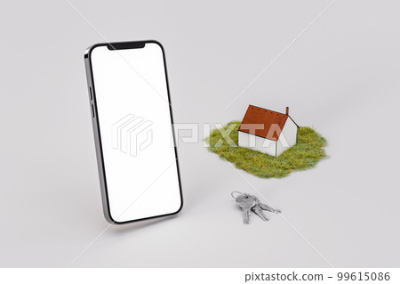 Phone mock up with blank screen with toy house and keys against white background 99615086