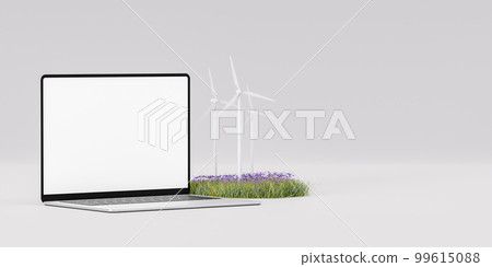 Laptop mockup near windmills and grass 99615088