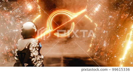 Astronaut admiring black hole from spaceship. 3d render Astronaut admiring black hole from spaceship. 3d render 99615336