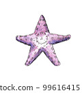 Watercolor illustration of a starfish. Design element for menu, restaurant, aquarium, oceanarium. Mix technique - watercolour and graphics. Marine life. 99616415