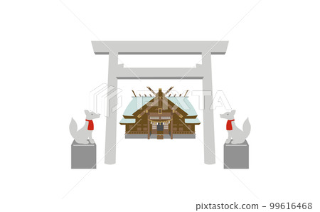 Illustration of Shinmei torii, main shrine and fox without outline 99616468