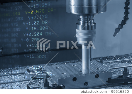 Abstract scene the CNC milling machine rough cutting the injection mold parts and NC data background. 99616830