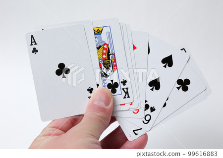 Playing card, card, hand, holding, hand, parts, hand, play, person, left hand, man, male, game 99616883