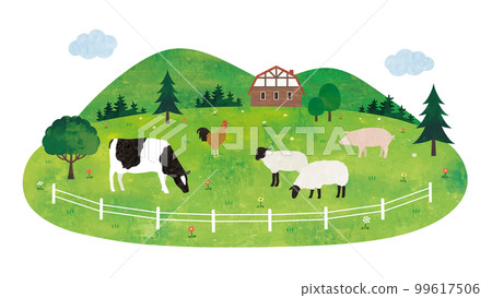 Tourist ranch watercolor painting with cows, pigs, sheep and chickens Tourist ranch watercolor painting with cows, pigs, sheep and chickens 99617506