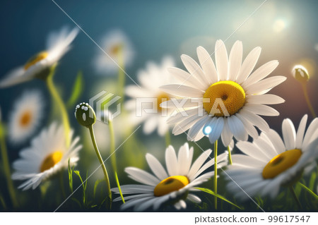 Green field with blooming daisies. Illustration AI Generative 99617547