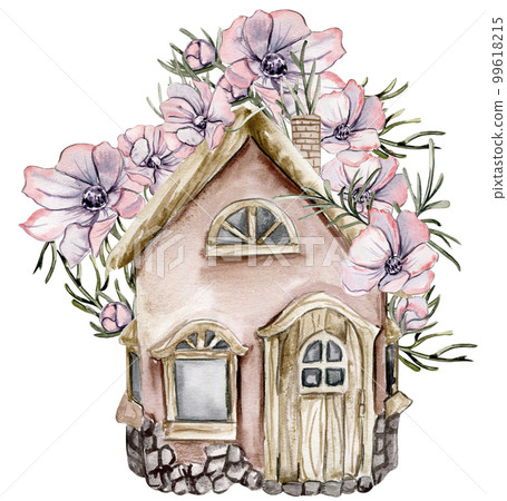 Watercolor composition of an old wooden farm house and pink flower . Hand drawn illustration with watercolour on a white background. Perfect for wedding invitation, greetings card. Watercolor composition of an old wooden farm house and pink flower . Hand drawn illustration with watercolour on a white background. Perfect for wedding invitation, greetings card. 99618215