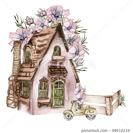 Watercolor composition of an old wooden farm house and pink flower  . Hand drawn illustration with watercolour on a white background. Perfect for wedding invitation, greetings card. 99618216