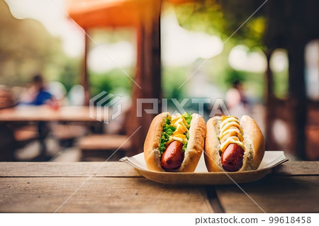 Hot dogs on wooden table in public park. Weekend picnic concept. Generative Ai image Hot dogs on wooden table in public park. Weekend picnic concept. Generative Ai image 99618458