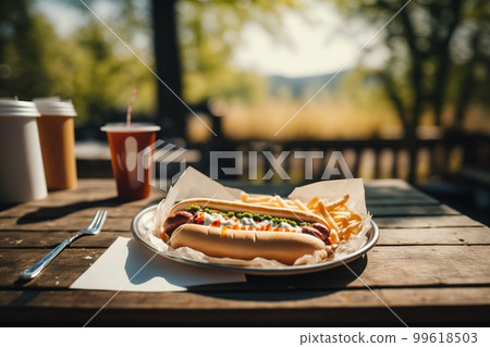 Hot dogs on wooden table in public park. Weekend picnic concept. Generative Ai image Hot dogs on wooden table in public park. Weekend picnic concept. Generative Ai image 99618503