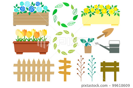 A set of cute yellow flowers and gardening supplies in a planter 99618609