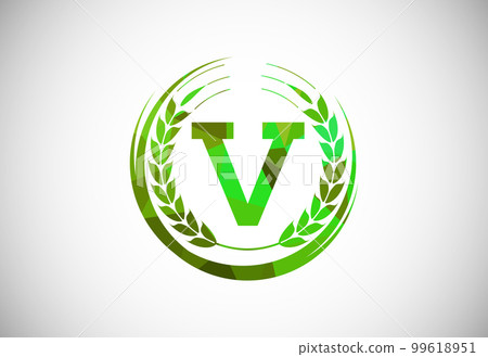 Alphabet V sign with a wheat wreath. Polygonal low poly organic wheat farming logo concept. Agriculture logo design vector template. 99618951
