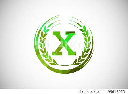 Alphabet X sign with a wheat wreath. Polygonal low poly organic wheat farming logo concept. Agriculture logo design vector template. 99618953
