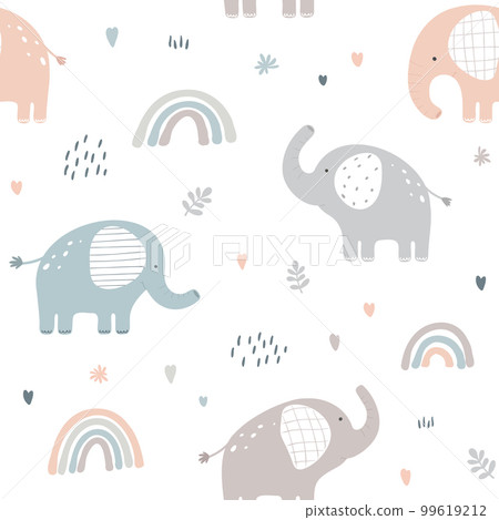 Seamless pattern with cute elephant on white background. Vector illustration in flat style. 99619212
